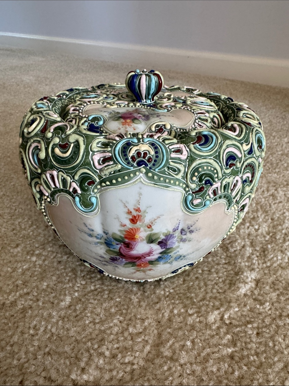 Vintage Ornate Raised Enamel Floral Porcelain Jar with Green Filigree Lid